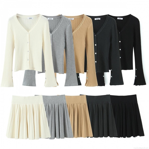 Women's Ribbed Knit 2-Piece Set Viscose Polyester Blend V-Neck Cardigan Trumpet Sleeve With Pleated Mini Skirt Chic European Street Style For Women Casual Soft Autumn Winter Outfit