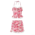Women's Two Piece Floral Skirt Set Sexy Halter Neck Lace Trim Camisole Top And Ruched Mini Skirt Summer Beach Outfits Sweet Pink Rose Print Suits