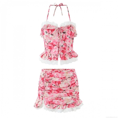 Women's Two Piece Floral Skirt Set Sexy Halter Neck Lace Trim Camisole Top And Ruched Mini Skirt Summer Beach Outfits Sweet Pink Rose Print Suits