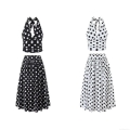 Women Vintage Polka Dot Two Piece Set Halter Backless Crop Top And High Waist A-Line Midi Skirt Summer Retro Streetwear Cotton Outfits