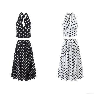Women Vintage Polka Dot Two Piece Set Halter Backless Crop Top And High Waist A-Line Midi Skirt Summer Retro Streetwear Cotton Outfits