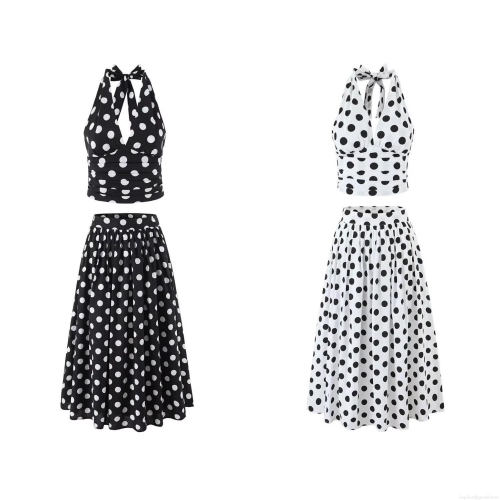 Women Vintage Polka Dot Two Piece Set Halter Backless Crop Top And High Waist A-Line Midi Skirt Summer Retro Streetwear Cotton Outfits
