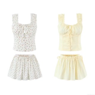 Women 100% Cotton Floral Ruffle Crop Top And Mini Skirt Set Square Neck Lace-up Button Smocked High Waist Skirt Summer Vacation Beachwear Two Piece Outfit