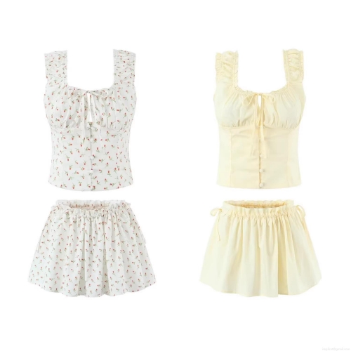 Women 100% Cotton Floral Ruffle Crop Top And Mini Skirt Set Square Neck Lace-up Button Smocked High Waist Skirt Summer Vacation Beachwear Two Piece Outfit