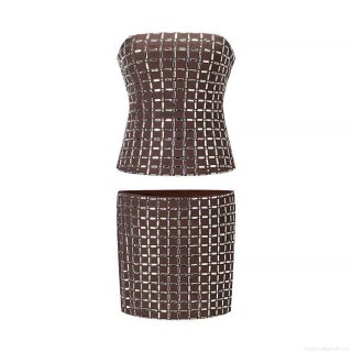 Women's Sexy 2 Piece Skirt Set Rhinestone Mesh Bandeau Top and Mini Skirt Set Summer Clubwear Party Outfits Street Style Outfits for Women