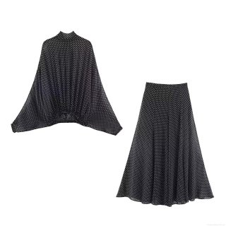 Women's Two Piece Polka Dot Outfits Batwing Sleeve Cape Shirt And A-Line Maxi Skirt Set Retro Elegant Bow Tie Neck Polyester Chiffon Casual Party Streetwear