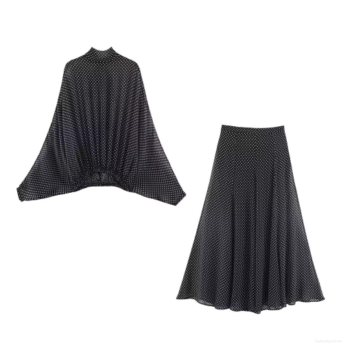 Women's Two Piece Polka Dot Outfits Batwing Sleeve Cape Shirt And A-Line Maxi Skirt Set Retro Elegant Bow Tie Neck Polyester Chiffon Casual Party Streetwear