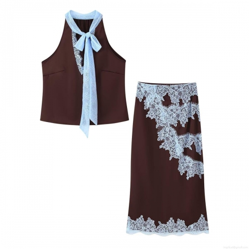 Women's Two Piece Skirt Set Halter Neck Sleeveless Top With Lace Bow And Patchwork Satin Midi Skirt Elegant Streetwear Party Outfit