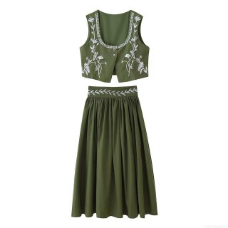 Women 2 Piece Skirt Set Sequin Floral Embroidery Sleeveless Vest Waistcoat And Pleated Midi Skirt Set Vintage Western Style Streetwear Outfit