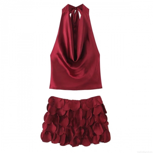 Women's Sexy Wine Red Satin Two Piece Set Cowl Neck Halter Backless Top and Layered Petal Mini Skirt Elegant Party Clubwear Streetwear Outfit