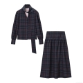 Women's Casual Plaid Two Piece Set Tie Neck Long Sleeve Shirt And Pleated High Waist Midi Skirt Western Style Polyester Streetwear Matching Outfit For Fall Winter