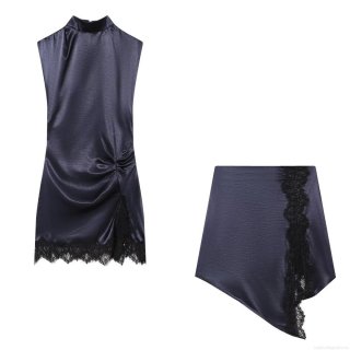 Women's Elegant 2 Piece Satin Set Mock Neck Sleeveless Ruched Top And Asymmetrical Lace Spliced Skirt Sexy Streetwear Party Outfit