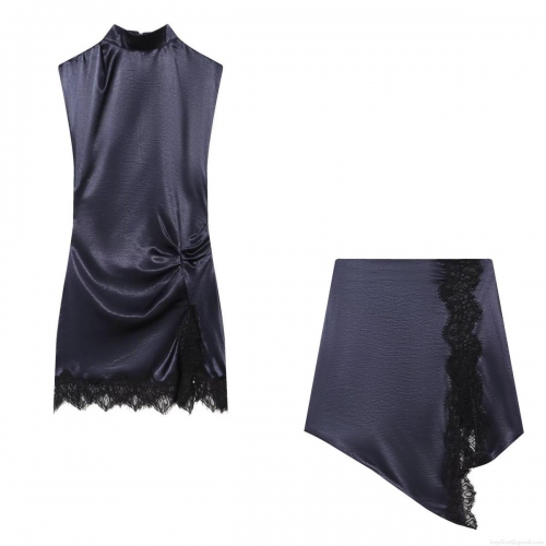 Women's Elegant 2 Piece Satin Set Mock Neck Sleeveless Ruched Top And Asymmetrical Lace Spliced Skirt Sexy Streetwear Party Outfit