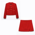 Women Elegant Red Tweed Skirt Set Two Piece Outfits Round Neck Gold Button Jacket And Mini Slit Skirt Suit For Autumn Streetwear Fashion Casual Party Lady