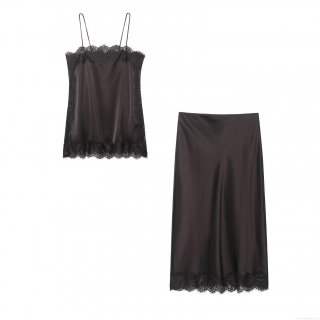 Women's Two-Piece Lace Satin Skirt Set Sexy Spaghetti Strap Camisole Top And Midi Skirt Set Elegant Party Clubwear For Ladies