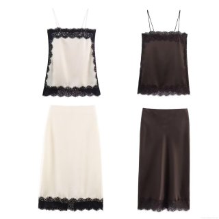 Women's Elegant Satin Lace Trim Camisole and Midi Skirt Set Streetwear Patchwork Sleeveless Top and High Waist A-Line Skirt Two Piece Outfit