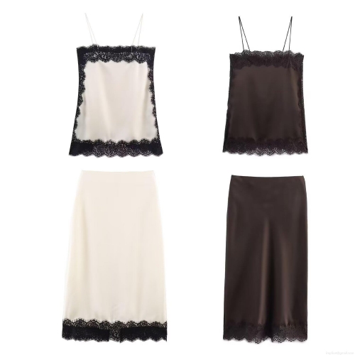 Women's Elegant Satin Lace Trim Camisole and Midi Skirt Set Streetwear Patchwork Sleeveless Top and High Waist A-Line Skirt Two Piece Outfit
