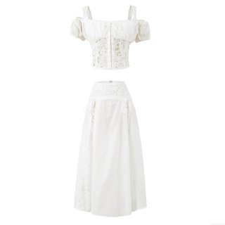 Women's Sexy White Lace Patchwork Two Piece Skirt Set Off Shoulder Puff Sleeve Crop Top And High Waist Long Skirt Vacation Sweet Style Lady Outfits