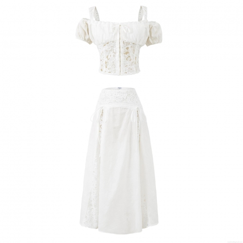 Women's Sexy White Lace Patchwork Two Piece Skirt Set Off Shoulder Puff Sleeve Crop Top And High Waist Long Skirt Vacation Sweet Style Lady Outfits