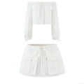 Women's 2 Piece White Cargo Set Off Shoulder Long Sleeve Crop Top And Mini Skirt With Multi Pockets Casual Streetwear Summer Outfit For Women