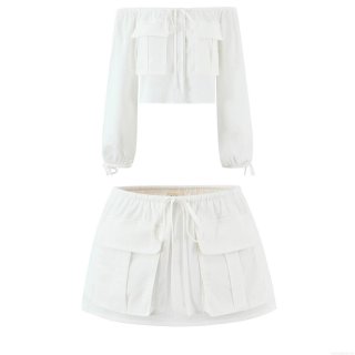 Women's 2 Piece White Cargo Set Off Shoulder Long Sleeve Crop Top And Mini Skirt With Multi Pockets Casual Streetwear Summer Outfit For Women