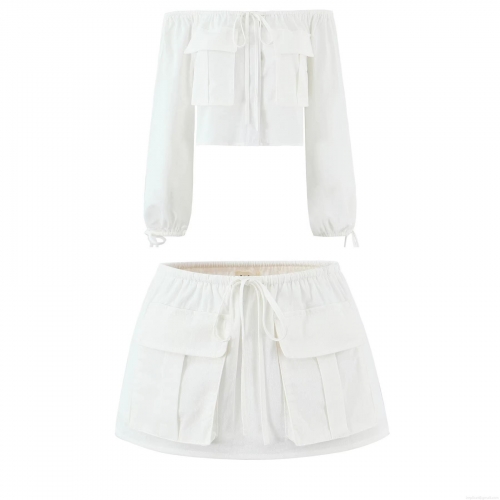Women's 2 Piece White Cargo Set Off Shoulder Long Sleeve Crop Top And Mini Skirt With Multi Pockets Casual Streetwear Summer Outfit For Women