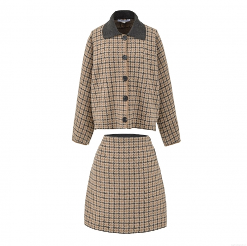 Women's Houndstooth Plaid 2 Piece Skirt Set Acrylic Cotton Blend Knit Lapel Button Up Short Jacket High Waist A-Line Mini Skirt Casual Streetwear Fashion Outfit for Spring Autumn