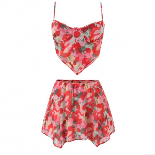 Women's Summer Strawberry Print 2 Piece Skirt Set Red Mesh Camisole V-Hem Crop Top And Elastic Waist Mini Skirt Set For Vacation Casual Streetwear Sexy Sweet Outfit