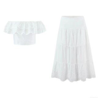 Women Summer Two Piece Set 100% Cotton Off Shoulder Ruffle Crop Top and Tiered Eyelet Embroidery Maxi Skirt White Beach Boho Party Outfit