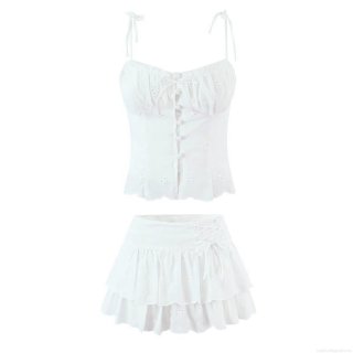 Women's Summer 100% Cotton Eyelet Embroidery Two Piece Set Lace-up Camisole Top And Ruffle Mini Skirt Fashion Casual White Beach Vacation Outfits