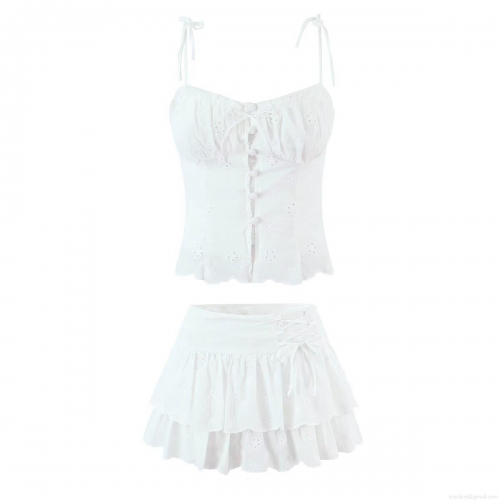 Women's Summer 100% Cotton Eyelet Embroidery Two Piece Set Lace-up Camisole Top And Ruffle Mini Skirt Fashion Casual White Beach Vacation Outfits