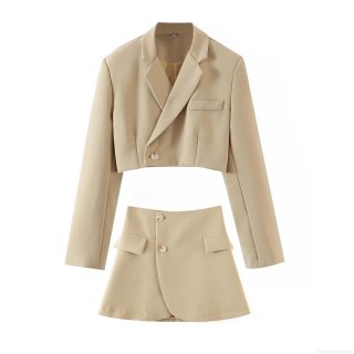 Women's 2-Piece Blazer Skirt Set Cropped Notched Lapel Jacket And High Waist Asymmetric Mini Skirt Solid Color Twill Streetwear Outfit For Ladies