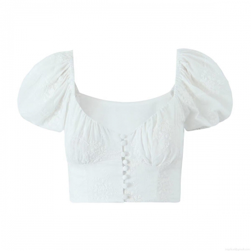 Women Square Neck Floral Embroidered Crop Top And High Waist Lace Mesh Maxi Skirt Set Boho Puff Sleeve Two Piece Summer Outfits