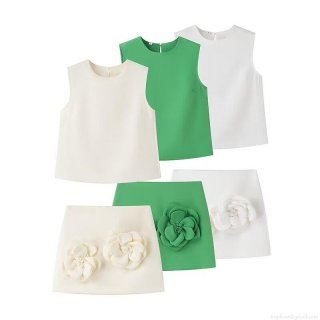 Women's Summer 2 Piece Skirt Set 3D Camellia Flower Decor Sleeveless Round Neck Vest Top Mini Skirt Fashion Streetwear Co-ords