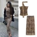 Women's Sexy Leopard Print Mesh Two Piece Set Ruched Halter Bandeau Crop Top And High Waist Bodycon Mid Length Skirt Summer Streetwear Outfit