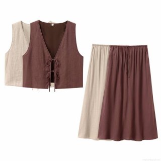Women's 2 Piece Skirt Sets Pleated Textured Fabric V-Neck Lace-up Vest and Elastic Waist Maxi Skirt Daily Summer Vacation Casual Wear Japanese Minimalist Street Style Women Comfortable Breathable