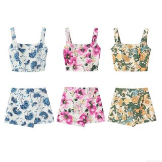 Women's Summer 2 Piece Floral Skirt Set Polyester Square Neck Crop Top And Asymmetrical Wrap Mini Skirt Streetwear Casual Beach Outfit