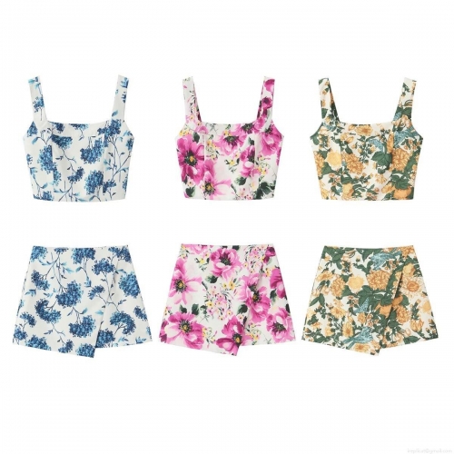 Women's Summer 2 Piece Floral Skirt Set Polyester Square Neck Crop Top And Asymmetrical Wrap Mini Skirt Streetwear Casual Beach Outfit