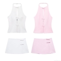 Women's Sexy 2 Piece Skirt Set Halter Hollow Out Backless Top And Bow Mini Skirt Set Summer Sleeveless Streetwear Outfits For Women
