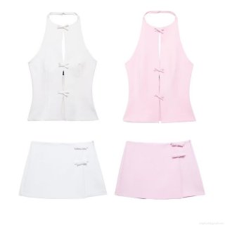 Women's Sexy 2 Piece Skirt Set Halter Hollow Out Backless Top And Bow Mini Skirt Set Summer Sleeveless Streetwear Outfits For Women