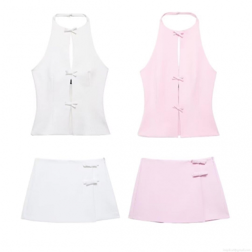 Women's Sexy 2 Piece Skirt Set Halter Hollow Out Backless Top And Bow Mini Skirt Set Summer Sleeveless Streetwear Outfits For Women