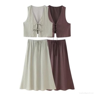 Women's 2 Piece Summer Outfits Pleated Sleeveless V-Neck Tie-Front Vest Top And Elastic Waist A-Line Midi Skirt Co-ords Set Streetwear Minimalist Casual Set