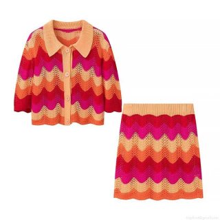 Women's Knit Two Piece Skirt Set Colorful Wave Striped Crochet Lapel Short Sleeve Shirt and Mini Skirt Bohemian Summer Vacation Outfits Casual Knitted Top and Bottom Set
