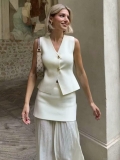 Women's V-Neck Gold Buttons Knit Vest and Patchwork Pleated Skirt Two Piece Set Elegant Sleeveless Summer Casual Streetwear Outfit For Women