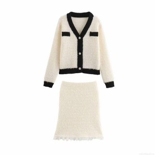 Women's 2-Piece Knit Skirt Set V-Neck Tweed Style Cardigan And Mini Skirt With Tassel Trim Contrast Color Button-Up Long Sleeve Knitwear Outfit For Autumn Winter Party Club Lady Casual Streetwear
