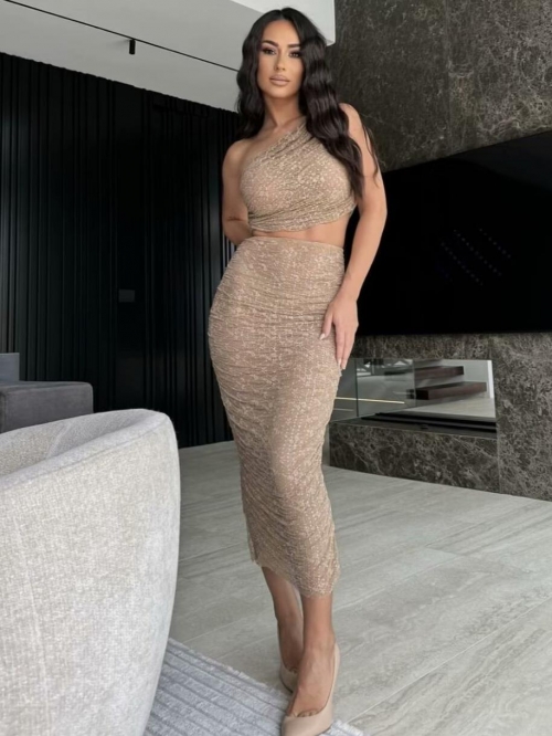 Women's Sexy Champagne Gold Sequin Ruched Two Piece Set Single Shoulder Crop Top And High Waist Bodycon Long Skirt Elegant Party Club Outfits