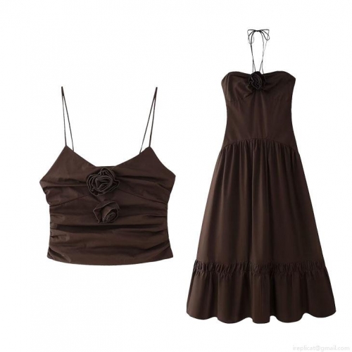 Women's 2 Piece Dress Set 3D Rose Flower Camisole Top and Halter Backless Midi Dress Ruched Pleated Elegant Sexy Outfits for Party Clubwear Coffee Brown