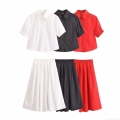 Women's Fashion Two-Piece Set Short Sleeve Lapel Button Down Shirt And High Waist Pleated A-Line Midi Skirt Solid Color Elegant Streetwear Casual Outfits