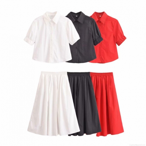 Women's Fashion Two-Piece Set Short Sleeve Lapel Button Down Shirt And High Waist Pleated A-Line Midi Skirt Solid Color Elegant Streetwear Casual Outfits