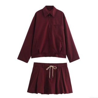 Women's Casual Two Piece Skirt Set Wine Red Lapel Zipper Jacket Coat and Drawstring Pleated Mini Skirt Outfit Autumn Winter Fashion Streetwear Set